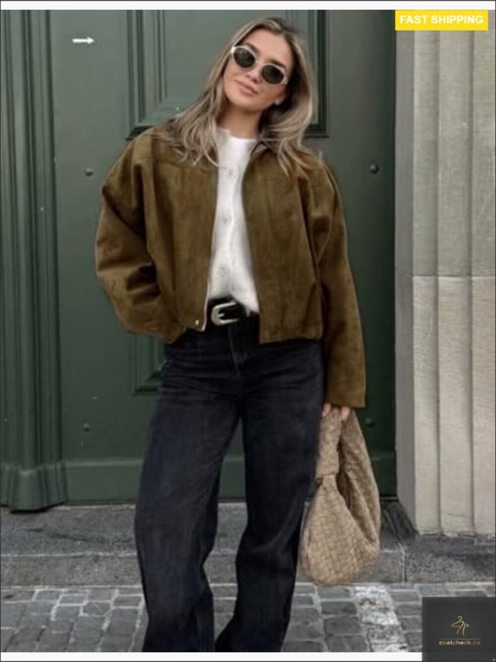 Oversized Faux Suede Bomber Jacket Cropped Batwing Long Sleeve Zip Up - Picture 4 of 7